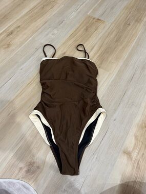 Brown One-Piece Swimsuit with Cream Trim